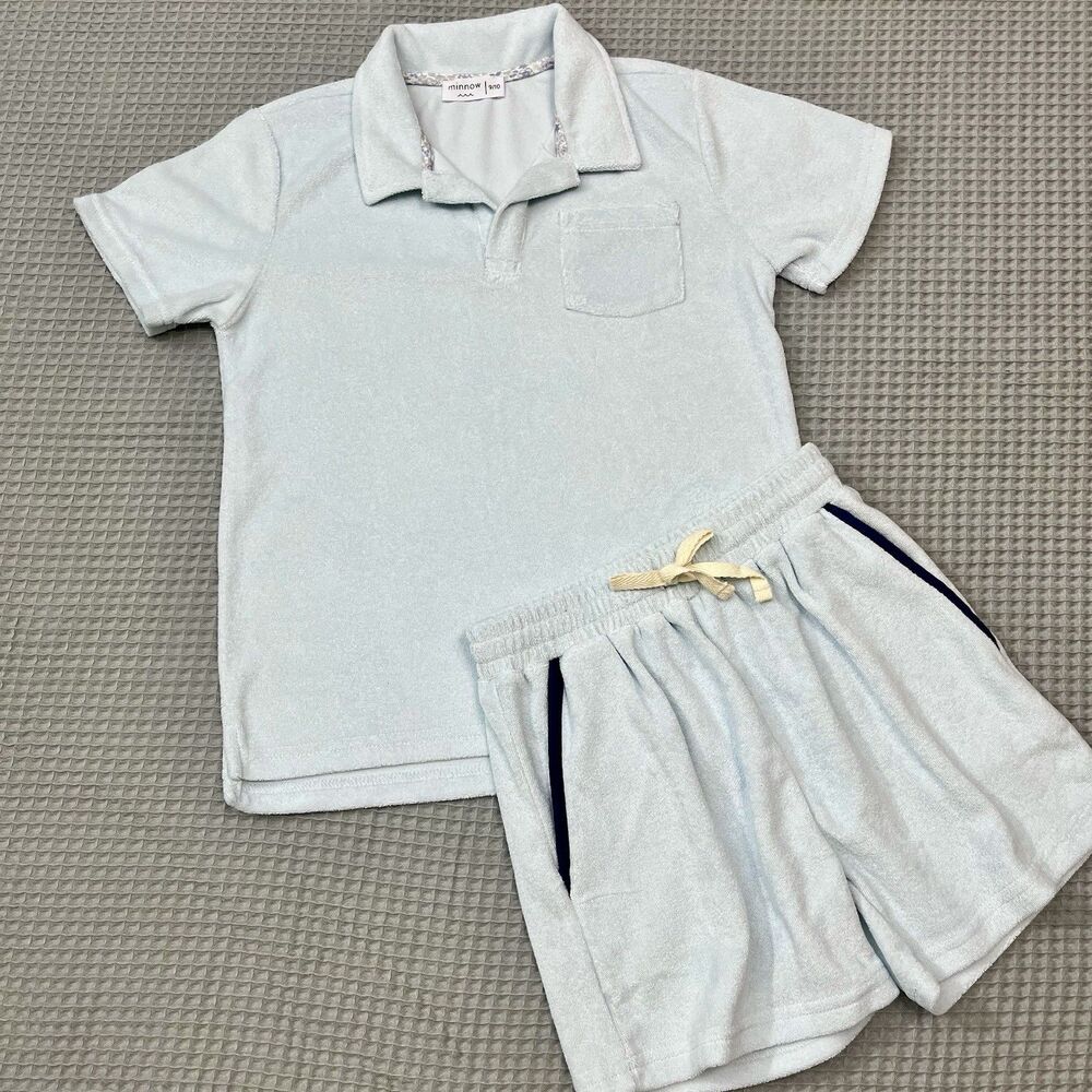 Minnow Boys Polo Short Set 9/10 Blue French Terry Shirt & Shorts Resort Vacation